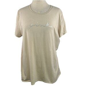 Victorias Secret Pink XL Tan Tee Shirt Short Sleeves Script Silver Logo